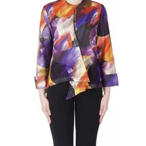 joseph ribkoff Multicolored Mesh asymmetrical jacket Sz 14 3/4 Sleeve One Button